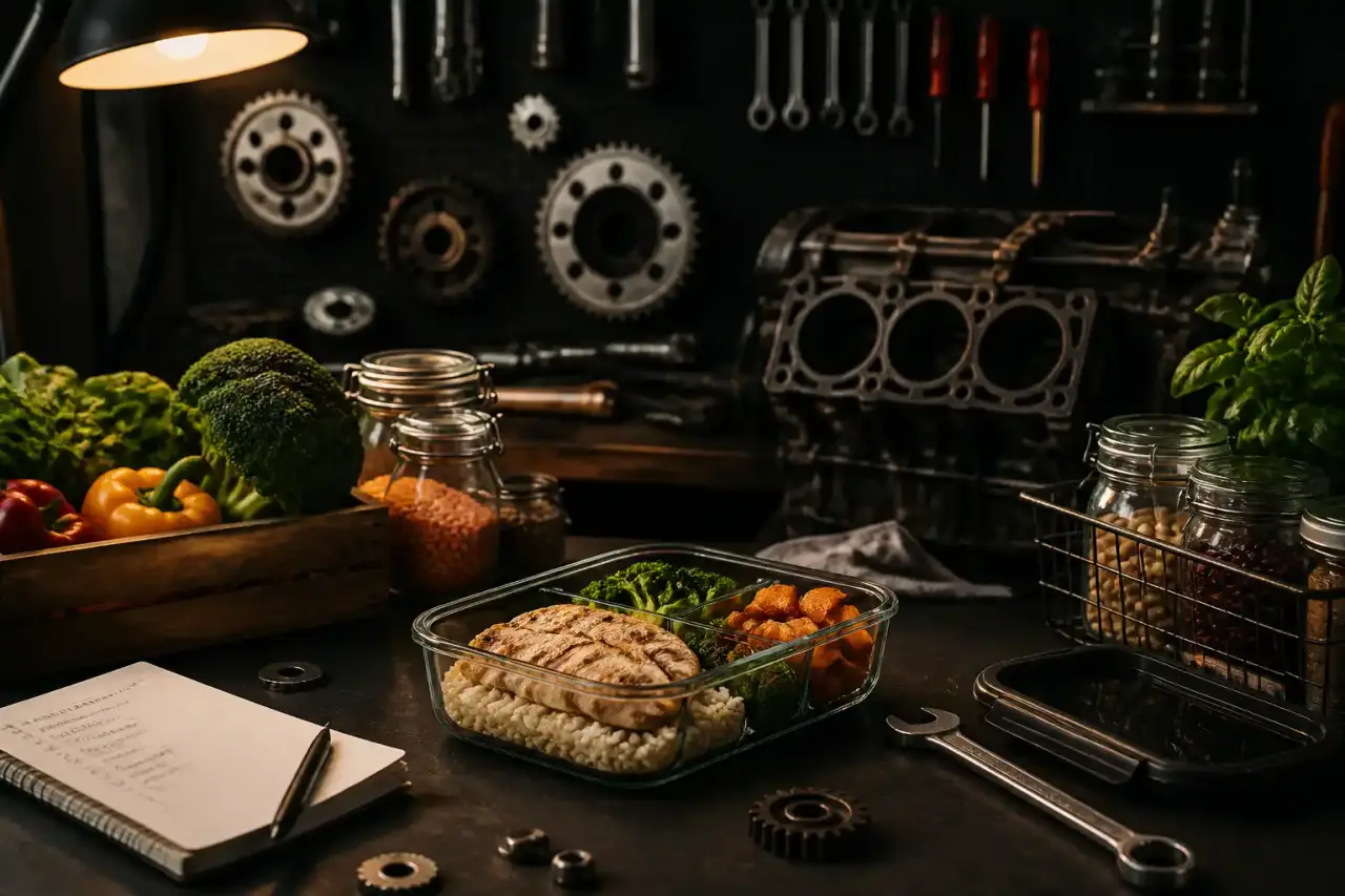 Un plan de travail de cuisine au style industriel rustique avec des ingrédients organisés comme des pièces de précision