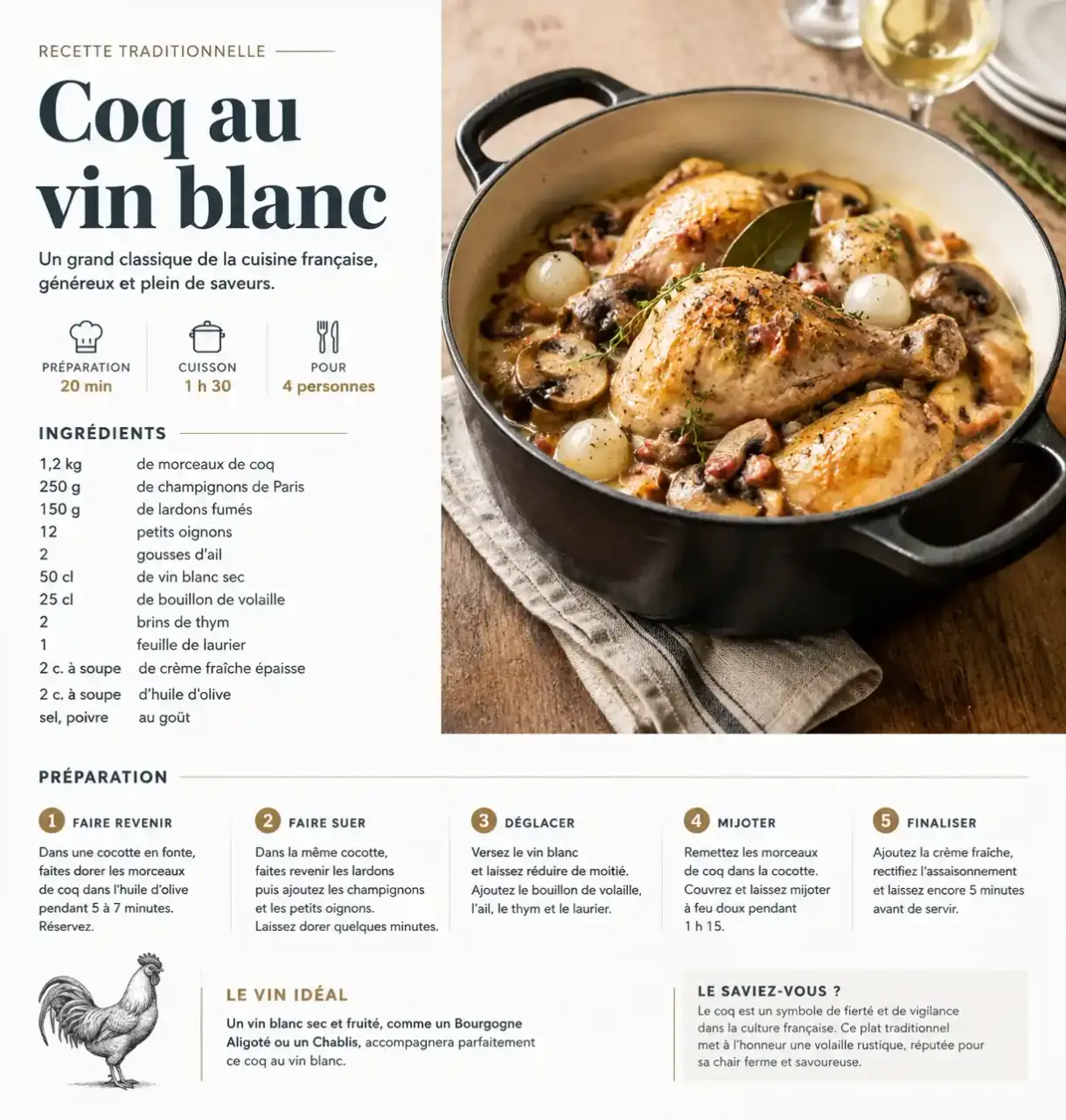 Coq recettes faciles : coq au vin blanc aux champignons et lardons servi dans sa cocotte en fonte