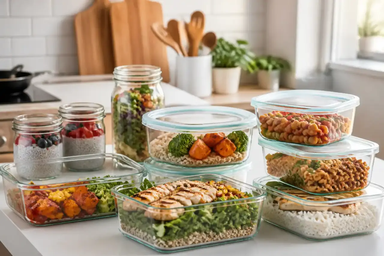 Plan de travail industriel avec boîtes de batch cooking, légumes préparés et liste de menus
