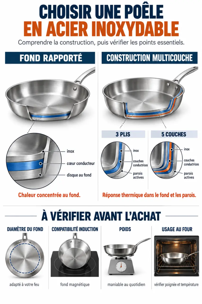 Infographie sur le choix d’une poêle en acier inoxydable, construction multicouche et compatibilité avec l’induction