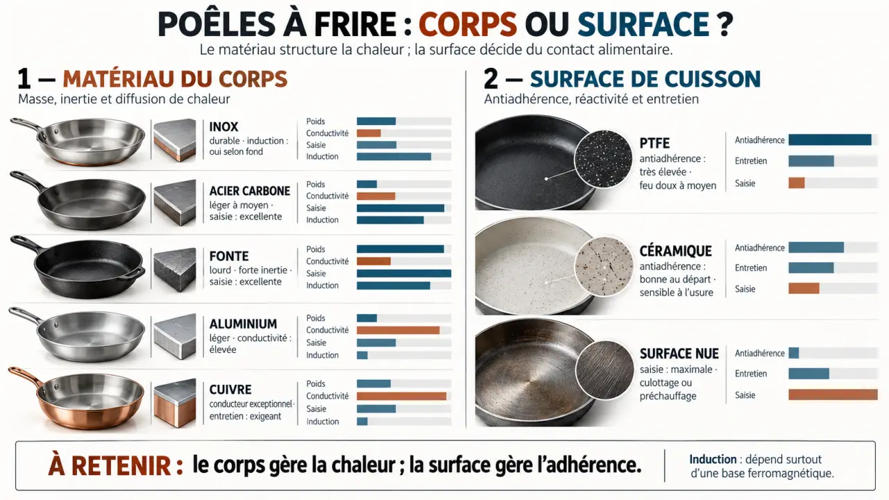 Infographie comparative des matériaux et revêtements d’une poêle à frire