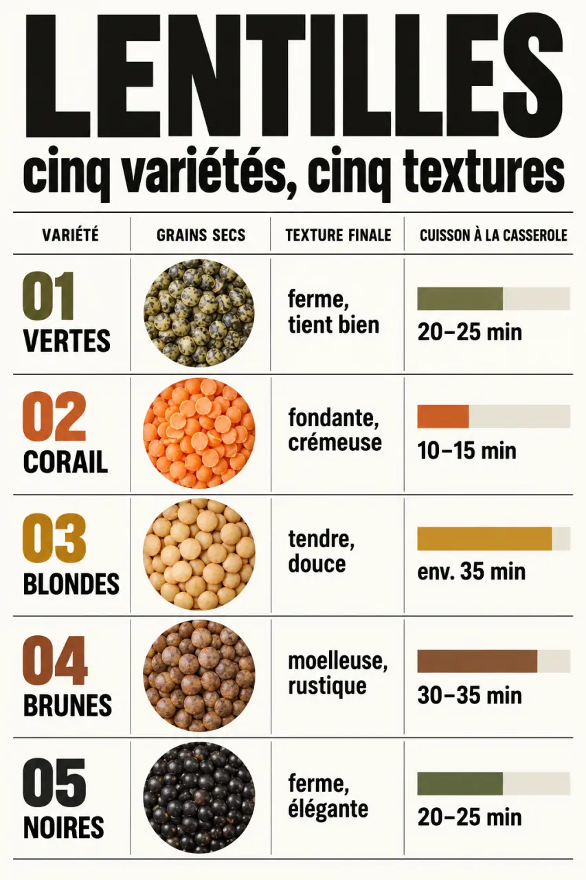 Infographie sur le temps de cuisson des lentilles vertes, corail, blondes, brunes et noires