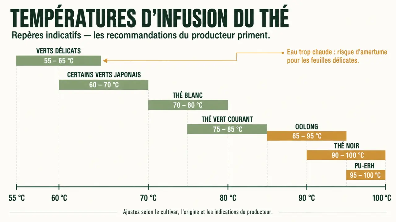 Température eau frémissante et températures d’infusion recommandées selon les familles de thé