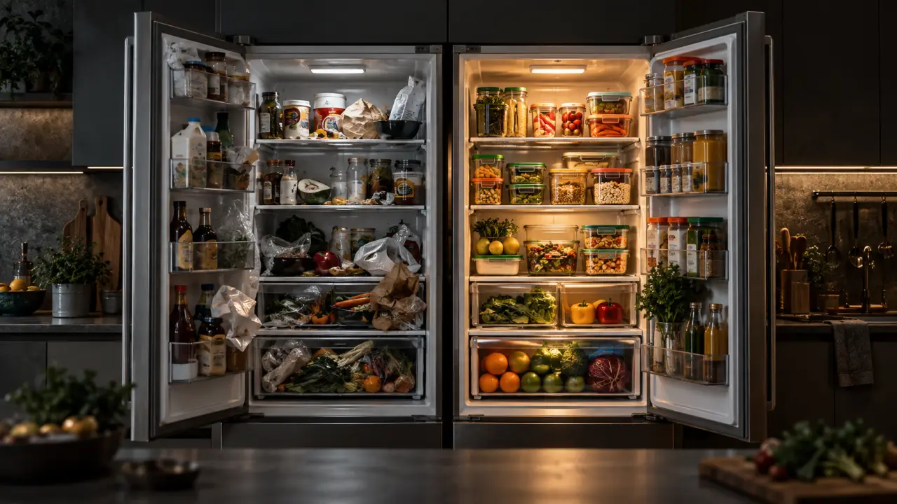 Frigo réorganisé avec des aliments visibles et classés pour limiter le gaspillage