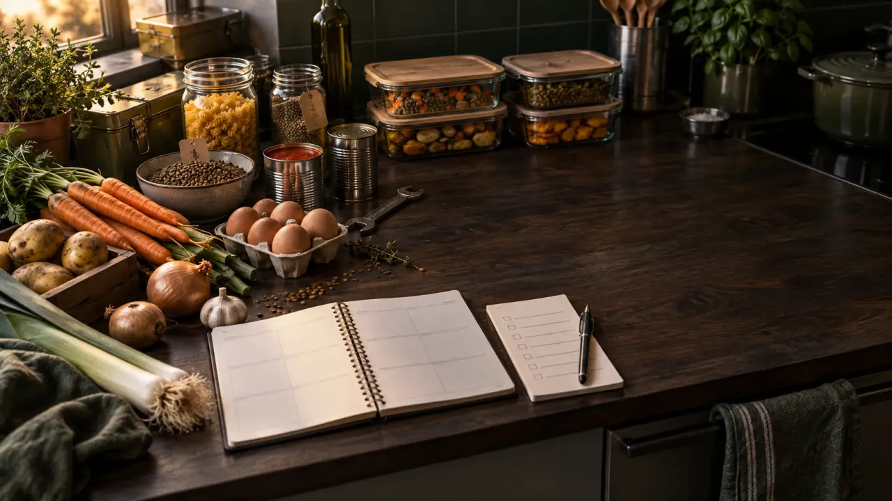 Plan de travail de cuisine avec ingrédients économiques et planning de repas de la semaine