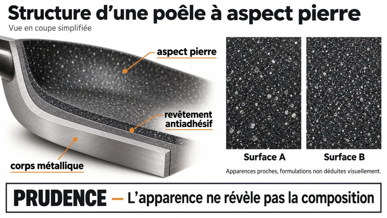 Infographie expliquant la composition d'une poêle en pierre et de son revêtement antiadhésif