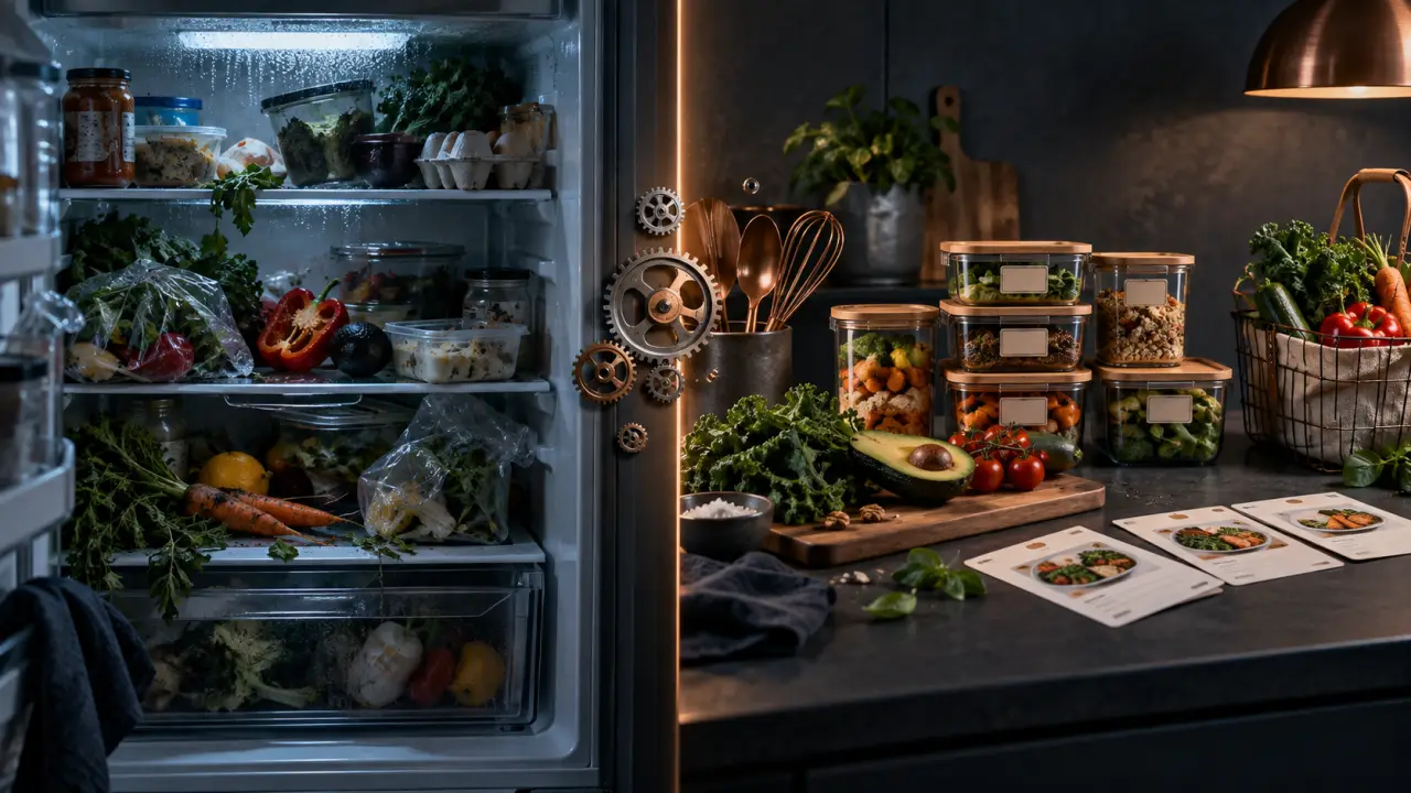 Plan de travail de cuisine avec aliments préparés et planning de menus