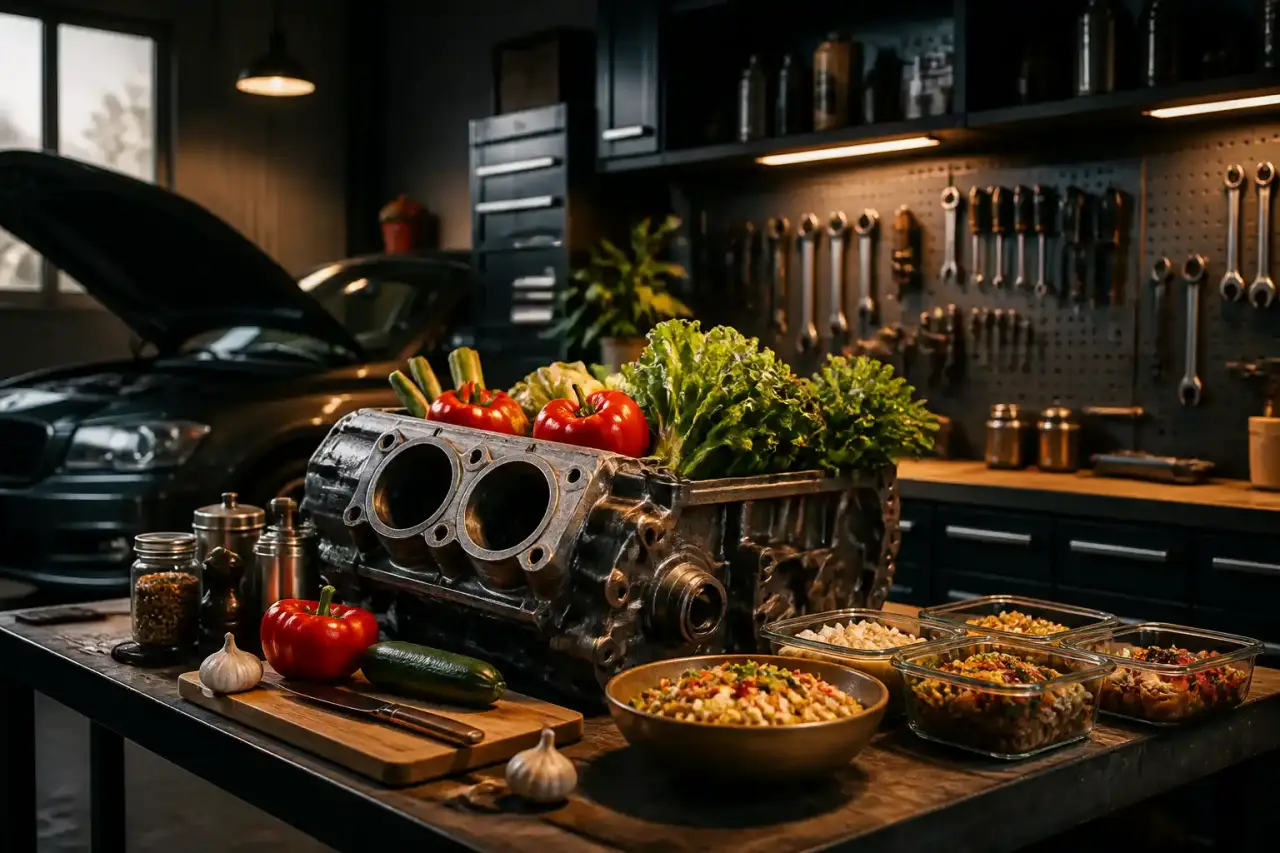 Planification de repas et ingrédients frais sur un plan de travail de style industriel