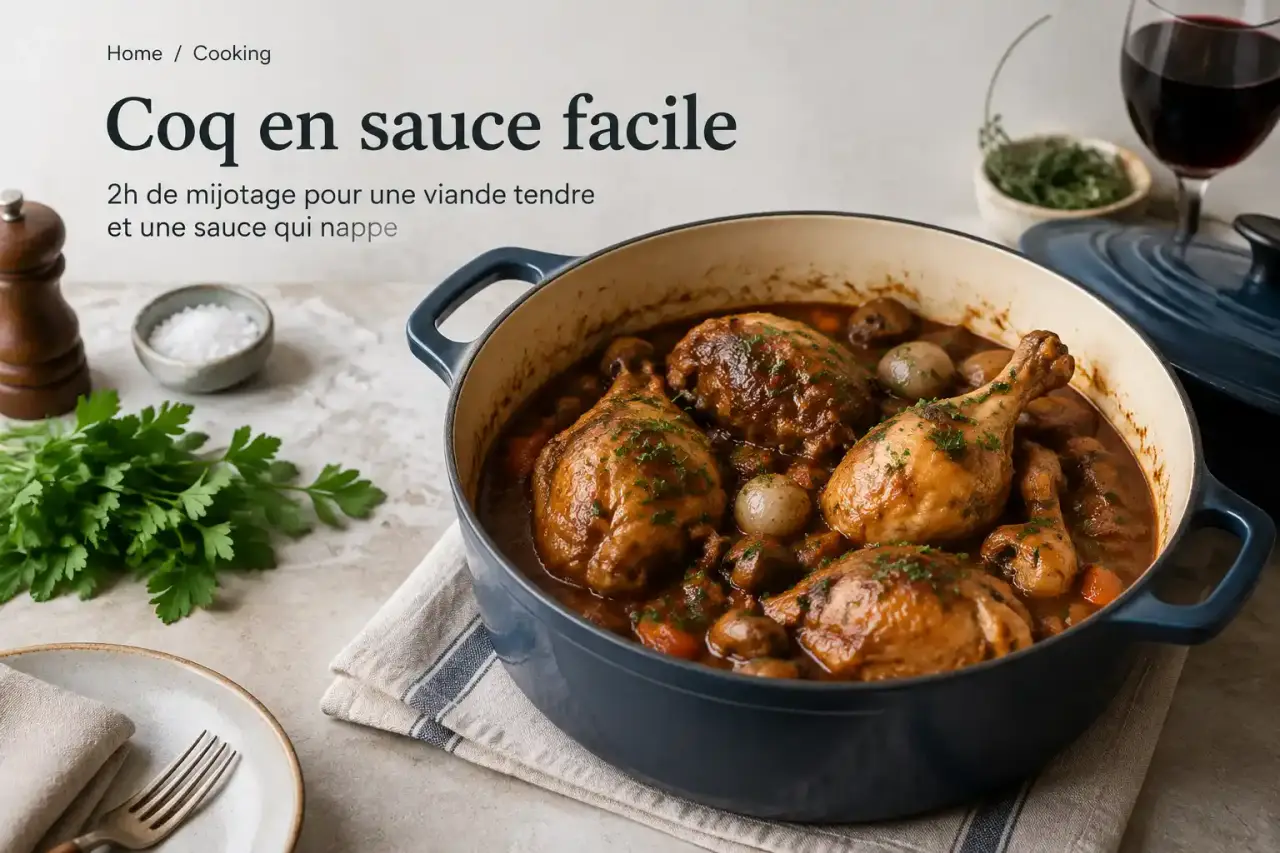 Coq en sauce facile : 2h de mijotage pour une viande tendre et une sauce qui nappe