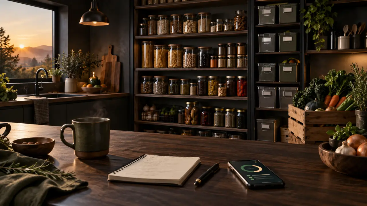 Garde-manger organisé avec des bocaux, des légumineuses et des produits essentiels