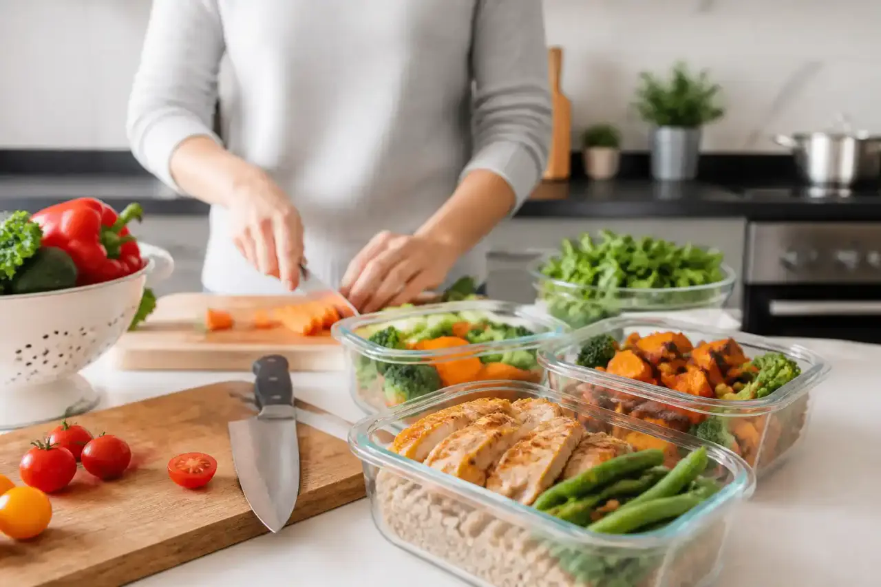 Plan de travail de cuisine au style industriel avec des ustensiles et des légumes frais