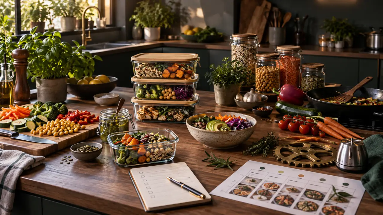 Plan de travail de cuisine organisé pour préparer les repas de la semaine