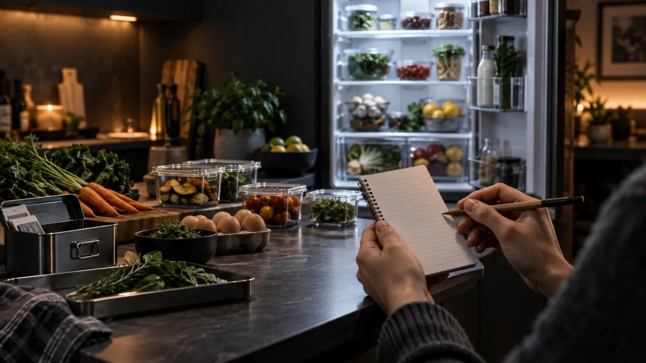 Frigo ouvert et ingrédients organisés avant la préparation d'une liste de courses