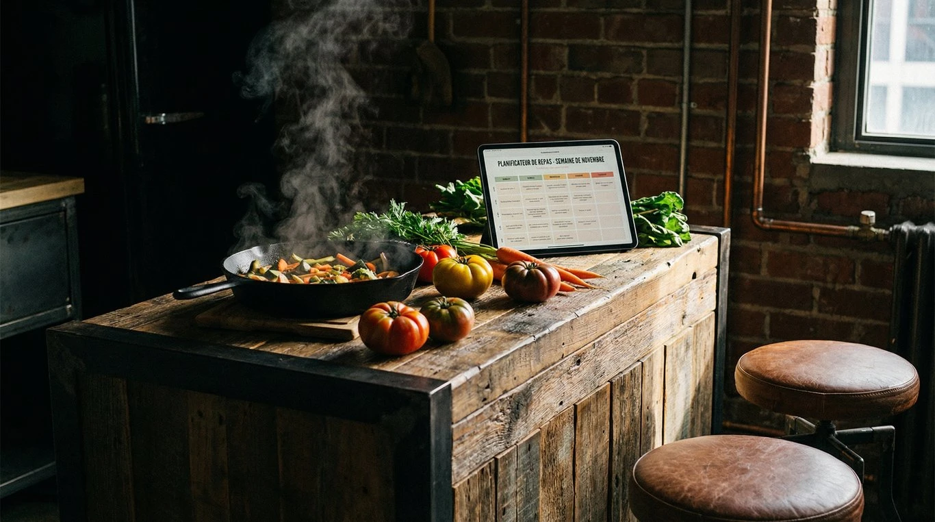 Plan de travail industriel avec poêle en fonte et tablette planificateur de repas