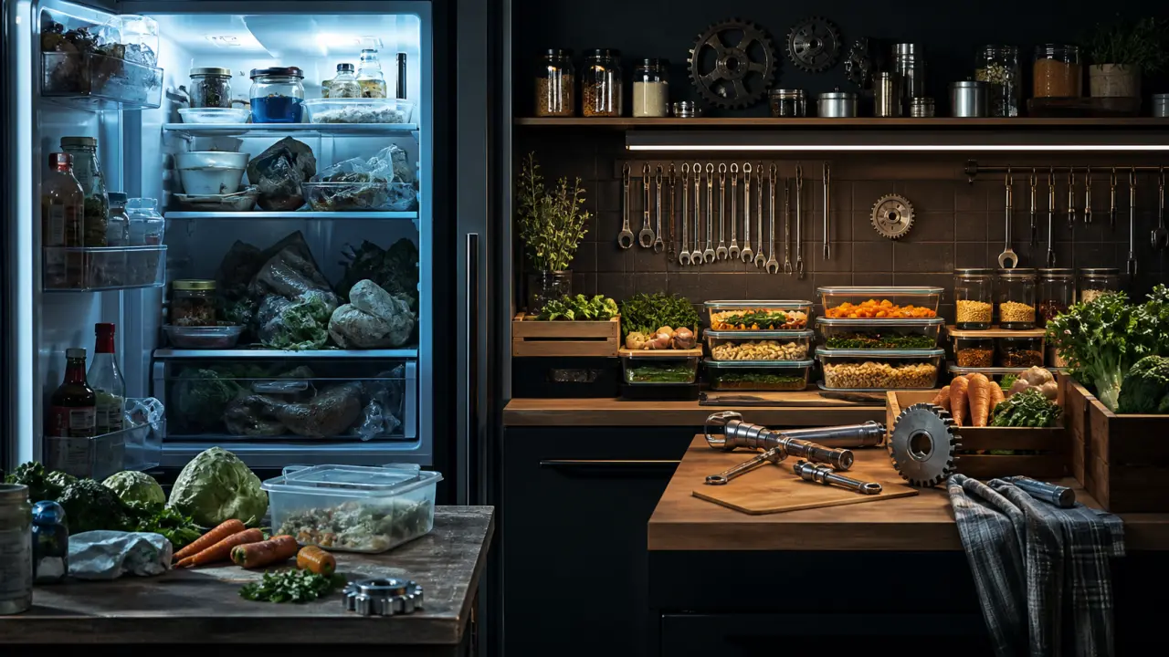 Plan de travail de cuisine au style industriel avec poêle en fonte, légumes frais et tablette de planification des repas