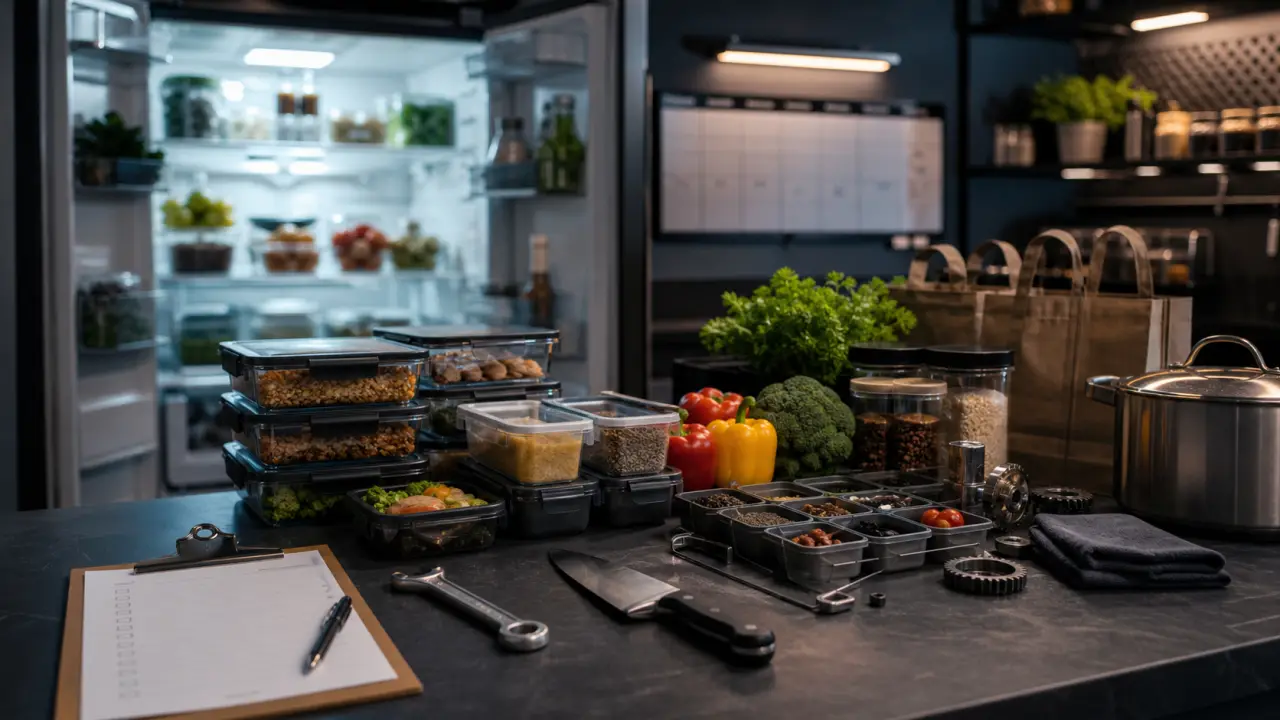 Plan de travail de cuisine au style industriel avec légumes, poêle en fonte et tablette de planification des repas
