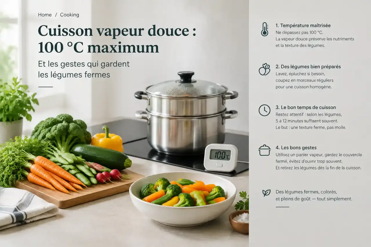 Cuisson vapeur douce : 100 °C maximum et les gestes qui gardent les légumes fermes