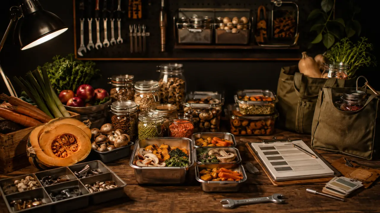 Plan de travail de cuisine au style industriel rustique avec un planificateur de repas numérique et des légumes d’automne
