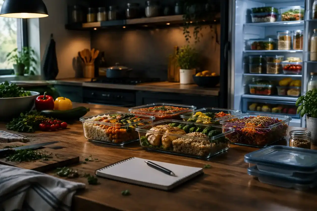 Plan de travail avec des boîtes de repas préparés et des légumes frais