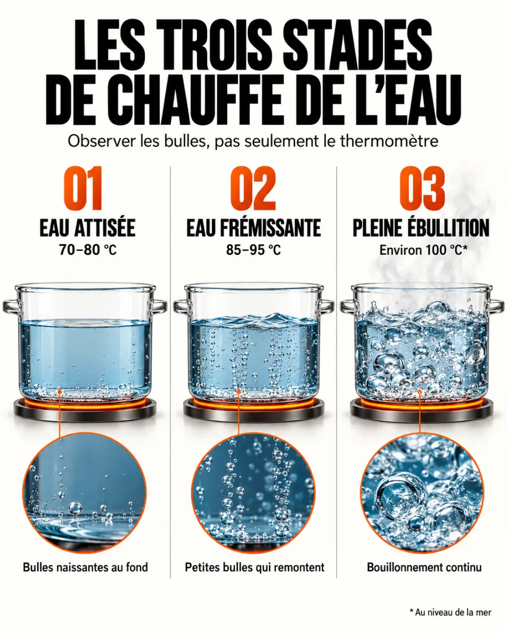 Température eau frémissante : repères visuels entre petites bulles, frémissement et ébullition