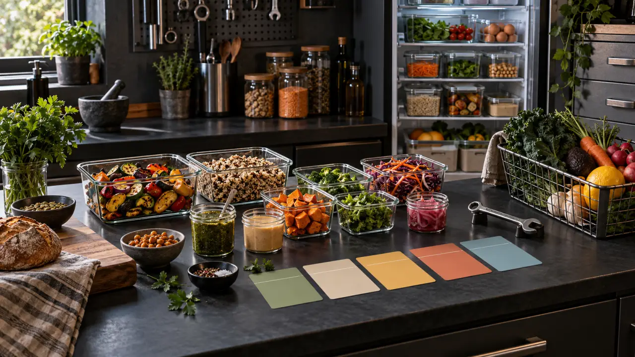 Plan de travail de cuisine avec légumes, poêle et planificateur de menus