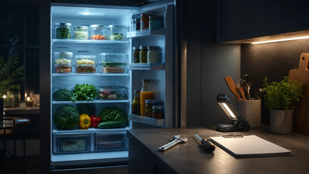 Plan de travail de cuisine au style industriel avec légumes frais, poêle en fonte et tablette de planification des repas