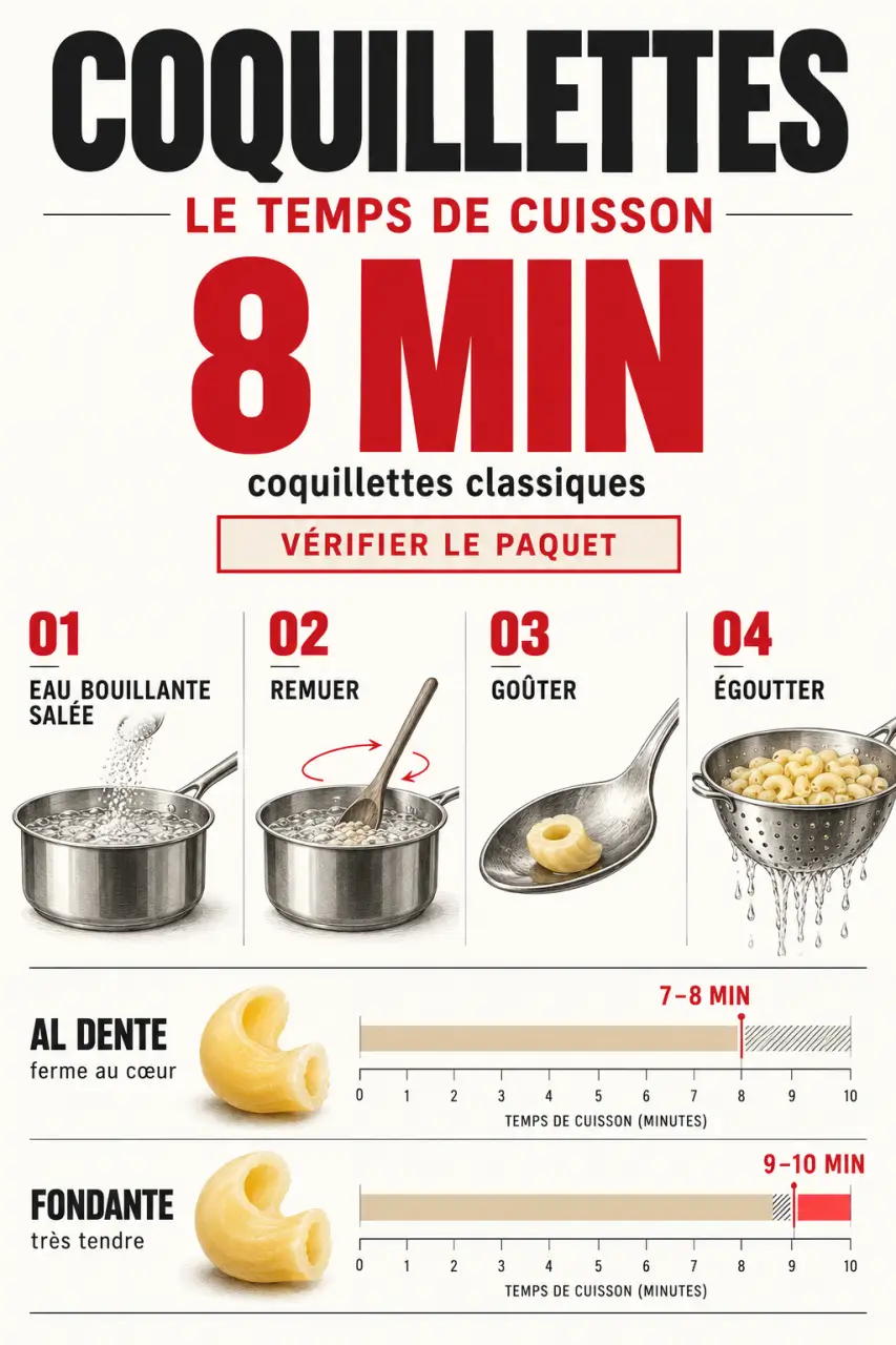 Infographie sur le temps de cuisson des coquillettes, avec le repère de 8 minutes et les étapes de préparation