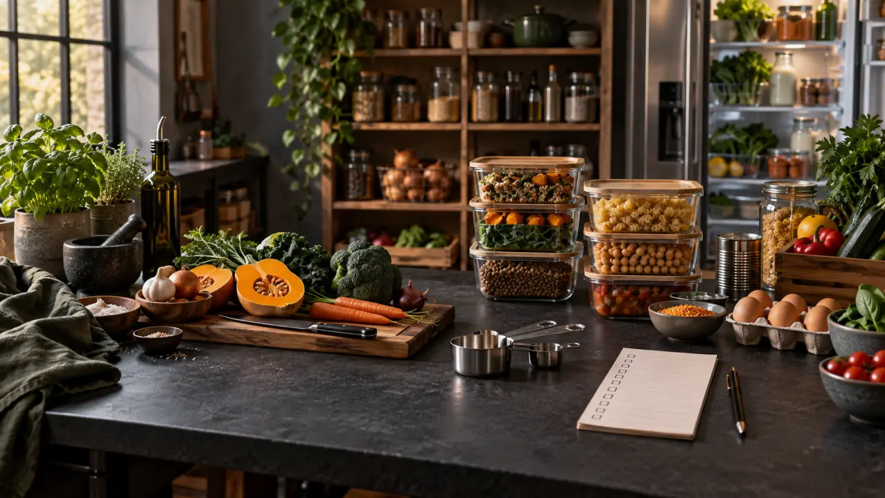 Plan de travail avec légumes, poêle et planning de menus de la semaine