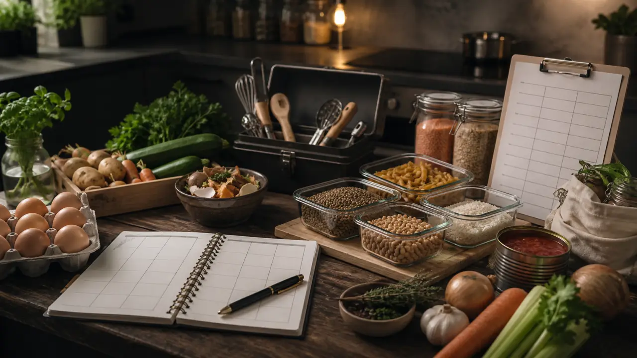 Plan de travail de cuisine au style industriel rustique avec légumes frais et tablette de planification de repas