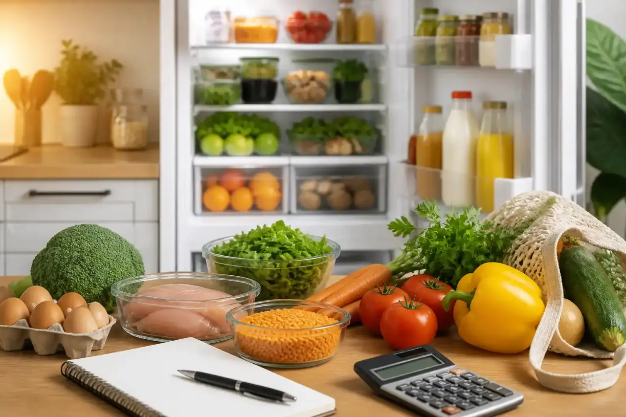 Plan de travail de cuisine industriel avec légumes, poêle en fonte et tablette de planification des repas