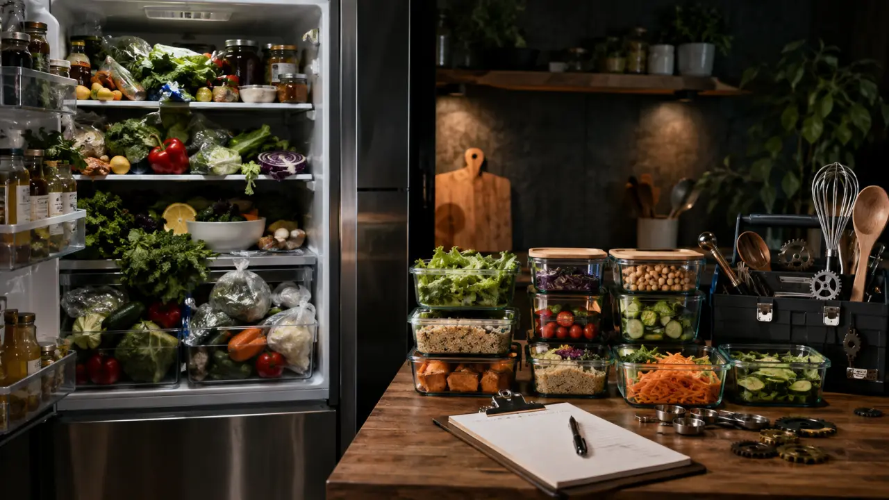 Plan de travail de cuisine industriel avec ingrédients et tablette de planification