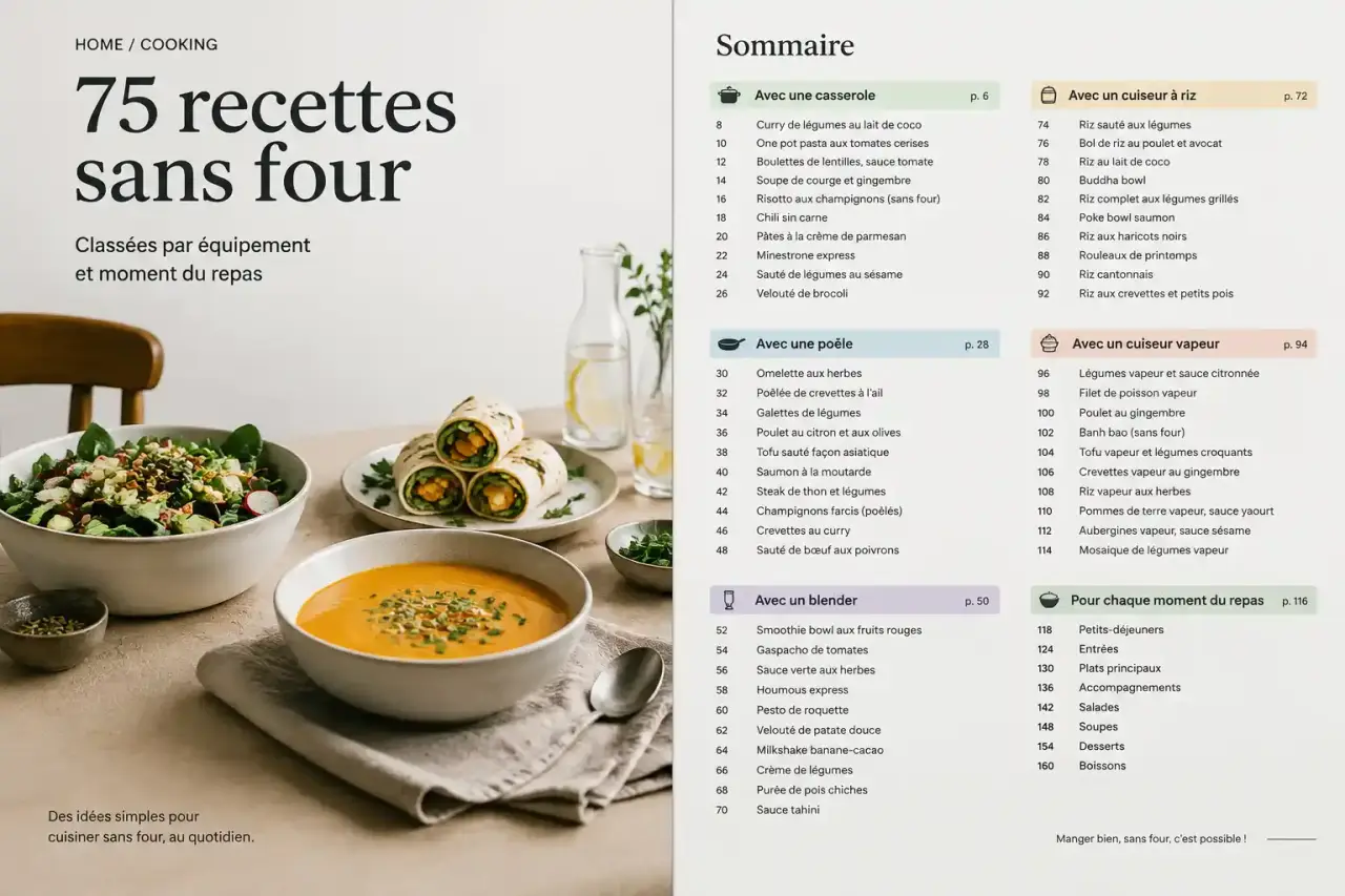 75 recettes sans four, classées par équipement et moment du repas