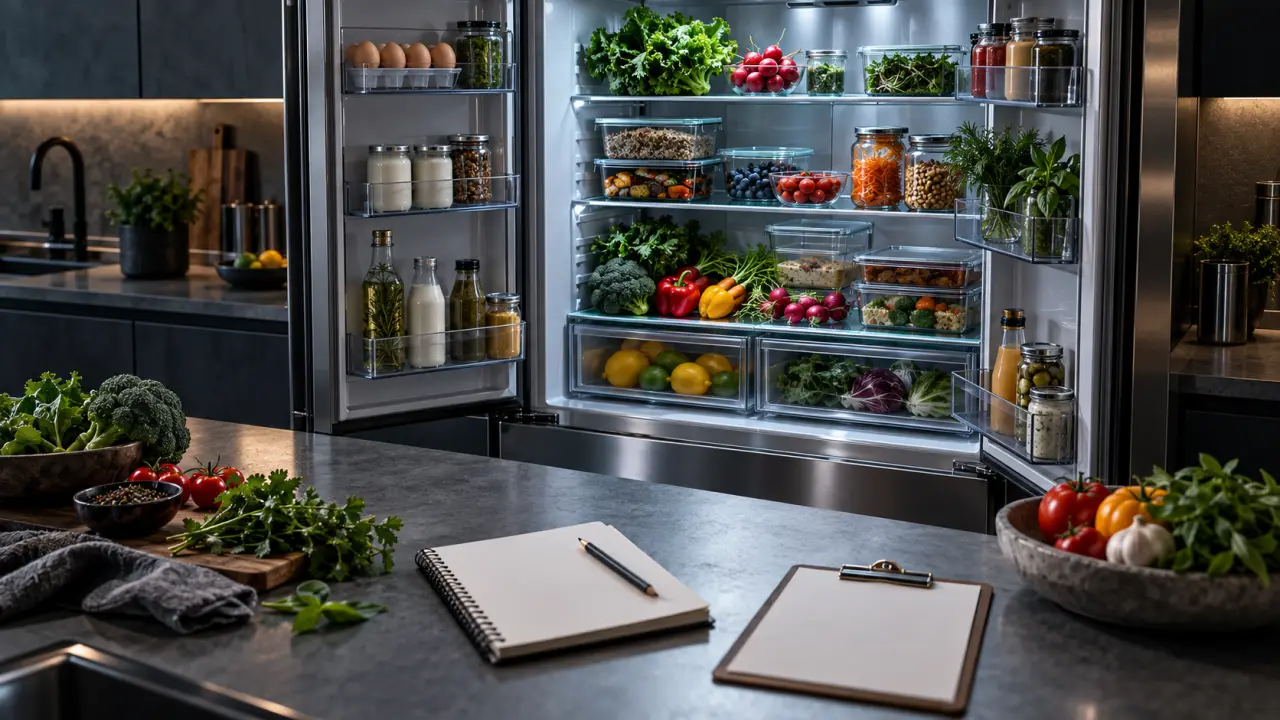 Frigo ouvert avec des aliments frais organisés avant la préparation des menus