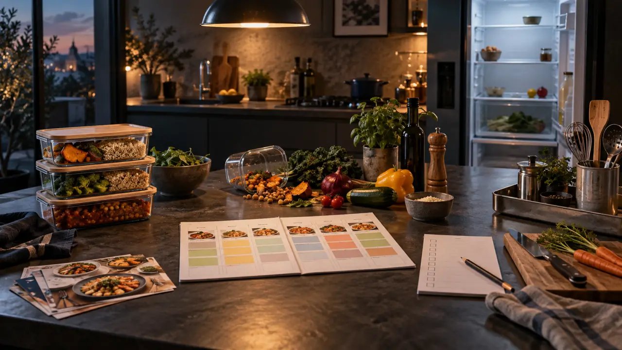 Plan de travail de cuisine avec des ingrédients à assembler et des ustensiles industriels