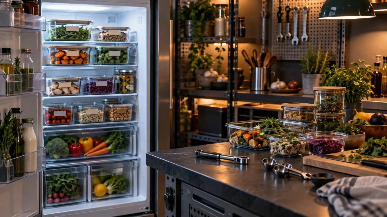 Boîtes de repas préparés et légumes rangés dans un réfrigérateur organisé