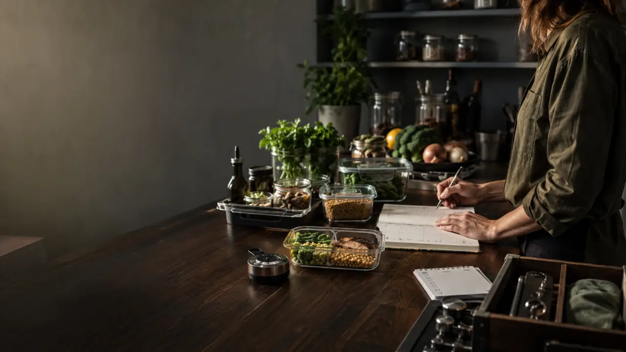 Plan de travail de cuisine avec légumes, poêle et planificateur de menus