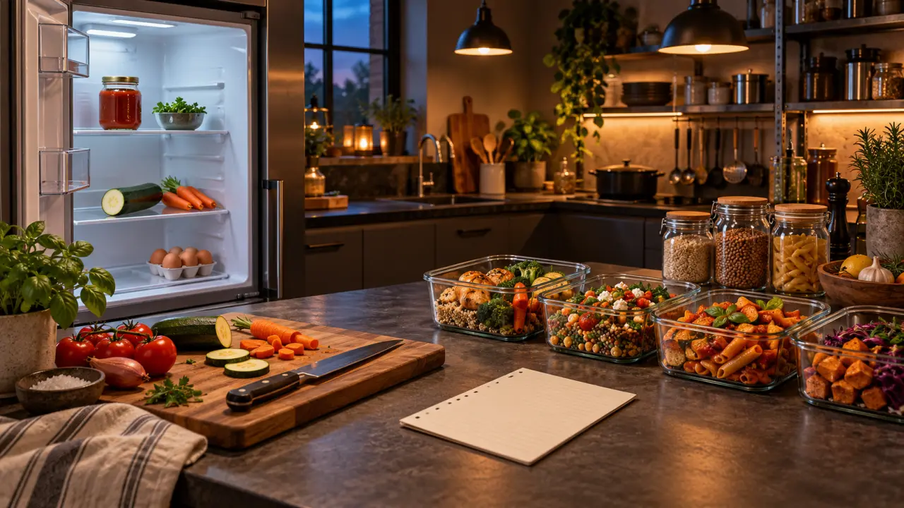 Plan de travail avec quelques ingrédients simples préparés pour un batch cooking